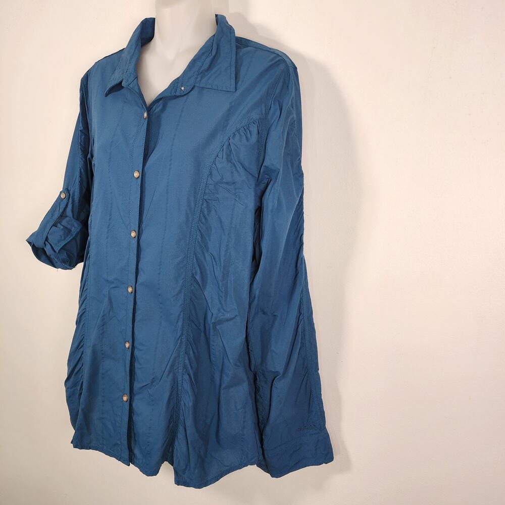 Cabelas Womens Shirt Button Up Fitted Long Roll Tab Sleeve Ruched Teal Outdoor L - Picture 7 of 9